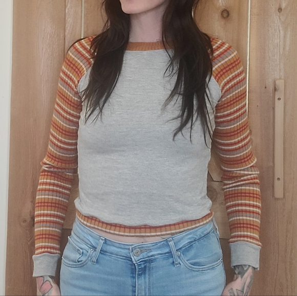 Tops - Handmade Retro Gray and Orange Striped Long Sleeve Top